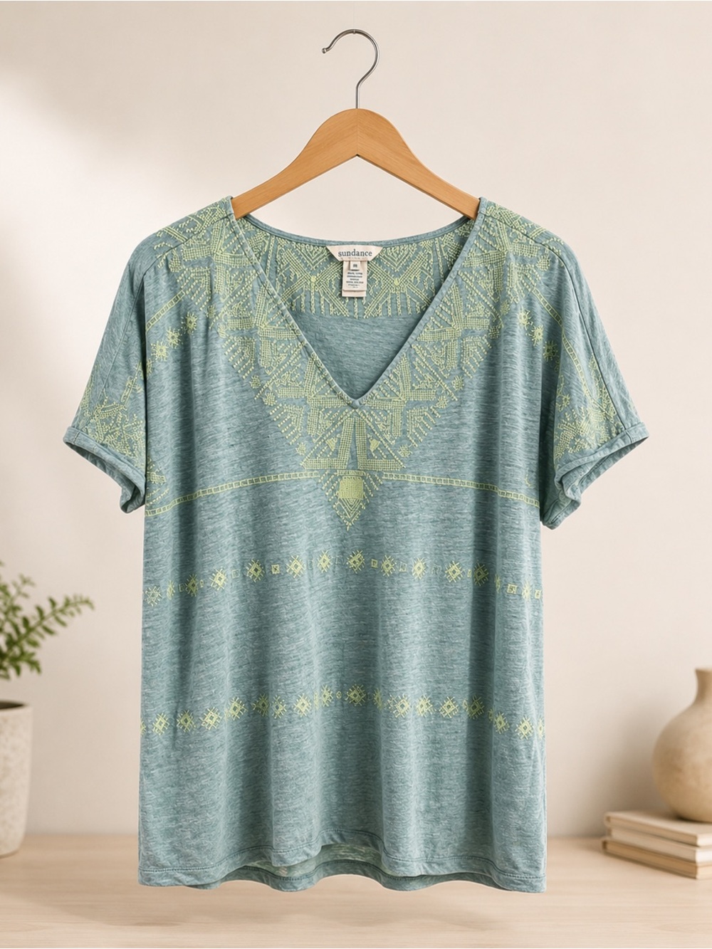 Sundance Embroidered Aqua Dolman Linen Top Womens Size XS